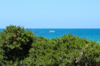 pleasure boat passing in front of the beach of La Barrosa, Cadiz, Spain