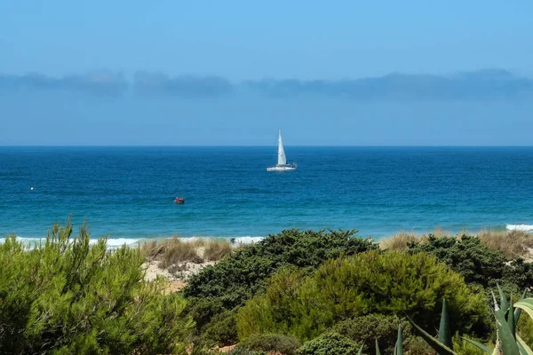 pleasure boat passing in front of the beach of La Barrosa, Cadiz, Spain