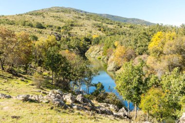 İspanya 'nın Madrid eyaletindeki Sierra de Guadarrama' dan geçen sonbahar renkleriyle Lozoya nehri.