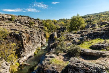 İspanya 'nın Madrid eyaletindeki Sierra de Guadarrama' dan geçen sonbahar renkleriyle Lozoya nehri.