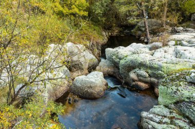 Sierra de Guadarrama 'daki Presa del Pradillo Şelalesi, Madrid, İspanya