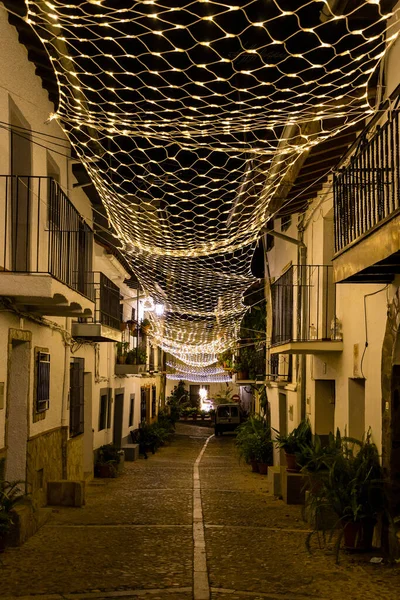İspanya 'nın Caceres ilindeki Guadalupe kasabasında Noel ışıklandırması
