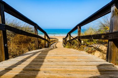 wooden walkways, access to La Barrosa beach in Sancti Petri, Cadiz, Spain clipart