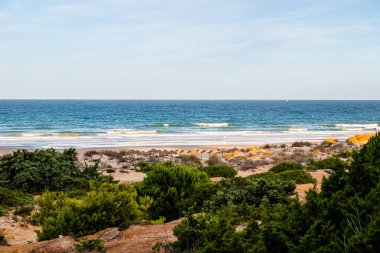La Barrosa plajı, sular çekildiğinde, Sancti Petri, Chiclana de la Frontera, Cadiz, İspanya