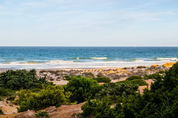 La Barrosa plajı, sular çekildiğinde, Sancti Petri, Chiclana de la Frontera, Cadiz, İspanya