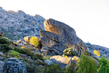 Pedriza Bölgesel Parkı 'ndaki dağları izleyen bir çocuğun panoramik görüntüsü.