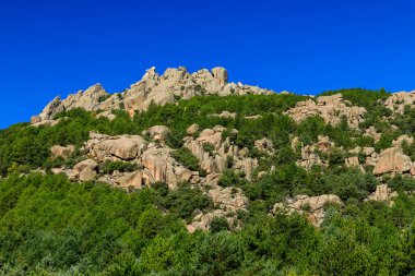 Pedriza Bölgesel Parkı 'ndaki dağları izleyen bir çocuğun panoramik görüntüsü.