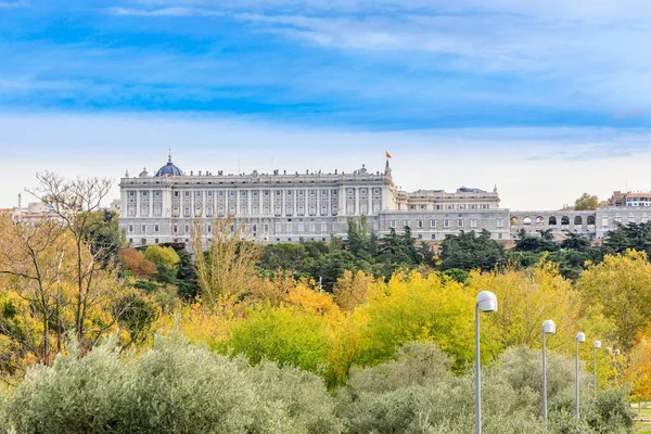 Gardens in Madrid river overlooking the Cathedral of La Almudena and Royal Palace, Madrid, Spain
