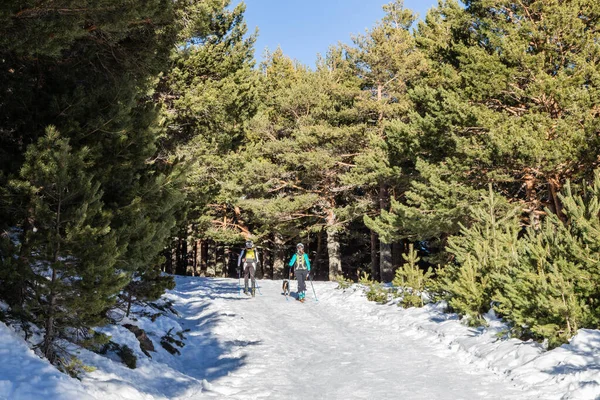 skiers on one of the paths that gives access to the glacier cirque of Penalara in the mountains of Guadarrama, Madrid