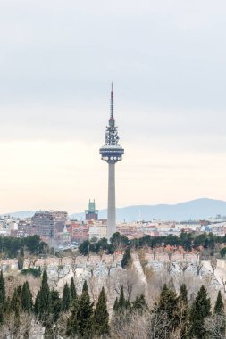 Madrid 'in silueti, haberleşme kulesi El Piruli ile ön planda ve ön tarafta La Almudena mezarlığında.