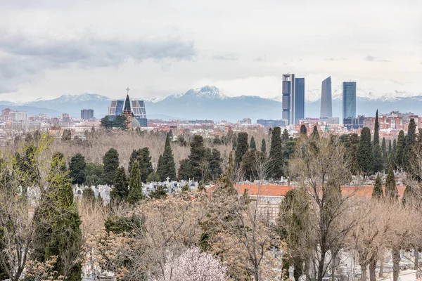 stock image Skyline of Madrid with skyscrapers the four towers and snowy mountains in the background, and in the cemetery of La Almudena in the front