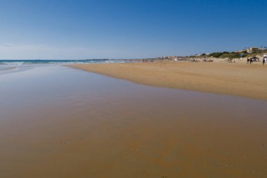 La Barrosa plajı, sular çekildiğinde, Sancti Petri, Chiclana de la Frontera, Cadiz, İspanya
