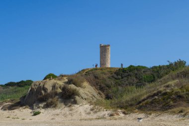 La Barrosa plajı, sular çekildiğinde, Sancti Petri, Chiclana de la Frontera, Cadiz, İspanya