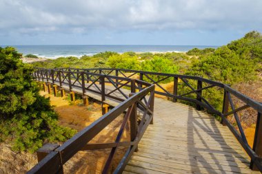 Wooden walkway that gives access to La Barrosa beach in Sancti Petri, Cadiz