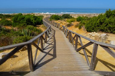 Wooden walkway that gives access to La Barrosa beach in Sancti Petri, Cadiz