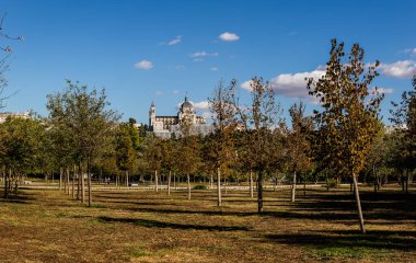 Madrid, İspanya 'nın Santa Maria la Real de La Almudena Katedrali ve Casa de Campo parkı ile kraliyet sarayı silueti.