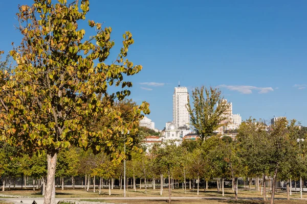 stock image Madrid, Spain skyline at Santa Maria la Real de La Almudena Cathedral and the Royal Palace with park Casa de Campo