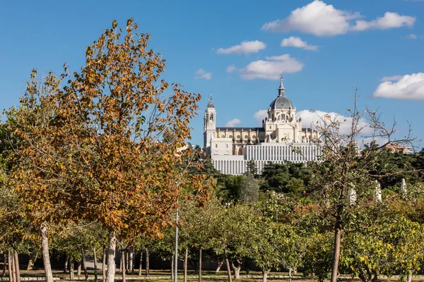 Madrid Španělsko Panorama Katedrále Santa Maria Real Almudena Královském Paláci — Stock fotografie