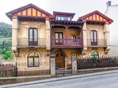 İspanya 'nın Asturias kentindeki Leitariegos Vadisi' ndeki Cangas del Narcea kasabasındaki tipik bina ve evler