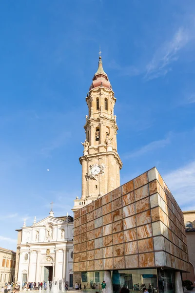 stock image Zaragoza, Spain - May 01, 2023: details of the main tower of the Zaragoza cathedral called La Seo in Zaragoza, Spain