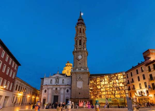 stock image Zaragoza, Spain - May 01, 2023: details of the main tower of the Zaragoza cathedral called La Seo in Zaragoza, Spain