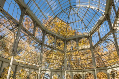 İspanya, Madrid 'de sonbahar renkleriyle El Retiro halk parkında Palacio de Cristal adlı sergi merkezi