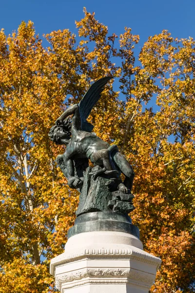 stock image Fountain of the Fallen Angel or Fuente del Angel Caido in the Buen Retiro Park in Madrid, Spain inaugurated in 1885