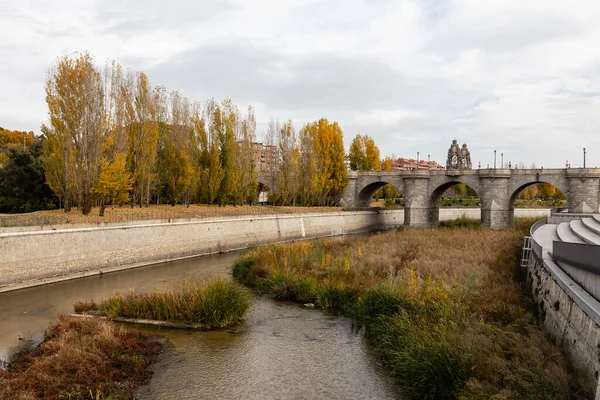 Puente Toledo Zona Del Río Madrid Con Árboles Colores Otoñales — Foto de Stock