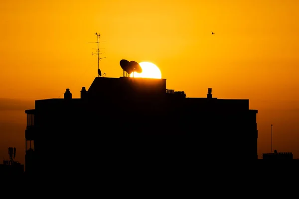 Silhouetten Von Gebäuden Und Fernsehantennen Bei Sonnenaufgang Madrid — Stockfoto