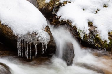 Snowy landscape of mountains port of Canencia in Madrid, Spain