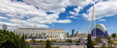 Valencia, İspanya 'daki Sanat ve Bilim Binaları' nın panoramik manzarası