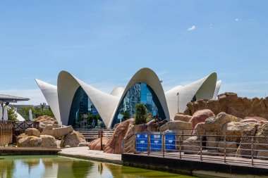 Valencia, İspanya 'daki Sanat ve Bilim Binaları' nın panoramik manzarası