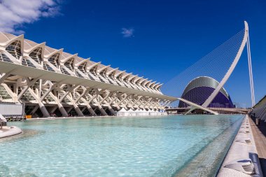 Valencia, İspanya 'daki Sanat ve Bilim Binaları' nın panoramik manzarası