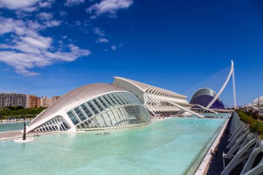 Valencia, İspanya 'daki Sanat ve Bilim Binaları' nın panoramik manzarası