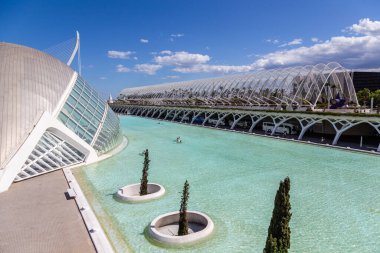 Valencia, İspanya 'daki Sanat ve Bilim Binaları' nın panoramik manzarası