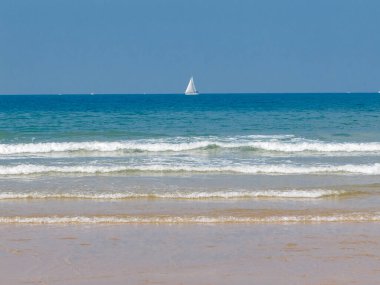 pleasure boats passing in front of La Barrosa beach in Sancti Petri Cadiz