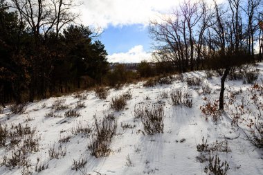 Madrid 'deki Sierra de Guadarrama dağlarında hafif karlı bir yol.