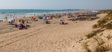 La Barrosa plajı, sular çekildiğinde, Sancti Petri, Chiclana de la Frontera, Cadiz, İspanya