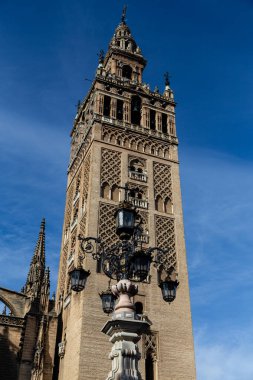 Seville, İspanya - 08 Kasım 2014: Seville, İspanya 'nın tarihi merkezinde La Giralda Katedrali ve Kulesi