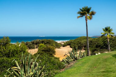 Sancti Petri, Cadiz, İspanya 'daki La Barrosa plajına erişim sağlayan kum tepeleri.