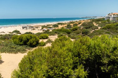 Sancti Petri, Cadiz, İspanya 'daki La Barrosa plajına erişim sağlayan kum tepeleri.