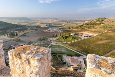 Curiel de Duero, İspanya - 12 Ekim 2023: Curiel de Duero, İspanya 'daki şehir şatosunun tepesinden şehrin havadan görüntüsü