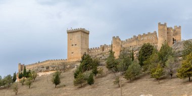 Penaranda de Duero, İspanya - 13 Ekim 2023: İspanya 'nın Burgos eyaletindeki Penaranda de Duero kasabasındaki ortaçağ şatosunun kalıntıları