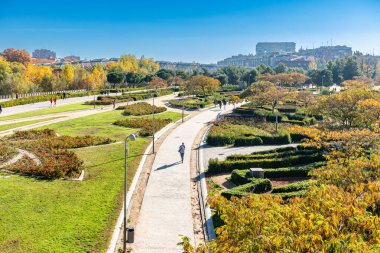 Madrid, İspanya - 19 Kasım 2023: Madrid Parkı 'nda sonbahar Madrid Nehri' nin Madrid, İspanya 'daki Mnazanares nehrinin kıyısında.