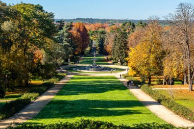 Madrid, İspanya - 19 Kasım 2023: Madrid, İspanya 'da Mnazanares nehrinin kıyısında Campo del Moro denilen bahçelerde sonbahar