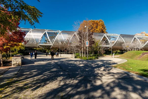 Madrid, İspanya - 19 Kasım 2023: Madrid parkında Arganzuela Köprüsü Madrid, İspanya 'da Mnazanares nehrinin kıyısında Madrid Nehri adı verilen köprü