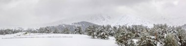 Mart 2024 'te Madrid, Sierra de Guadarrama' daki Puerto de Cotos 'un karlı manzaraları