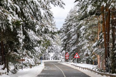 Mart 2024 'te Madrid, Sierra de Guadarrama' daki Puerto de Cotos 'un karlı manzaraları