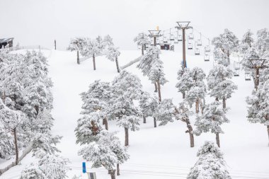 Mart 2024 'te Madrid' deki Sierra de Guadarrama 'da Puerto de Navacerrada' nın karlı manzaraları