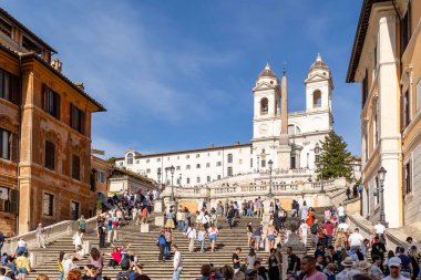 Rome, Italy - April 09, 2024: View of the Square Spain in Rome with tourists crowding its surroundings in Rome, Italy